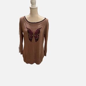 Belldini Tan Long Sleeve Top with Pink Butterfly